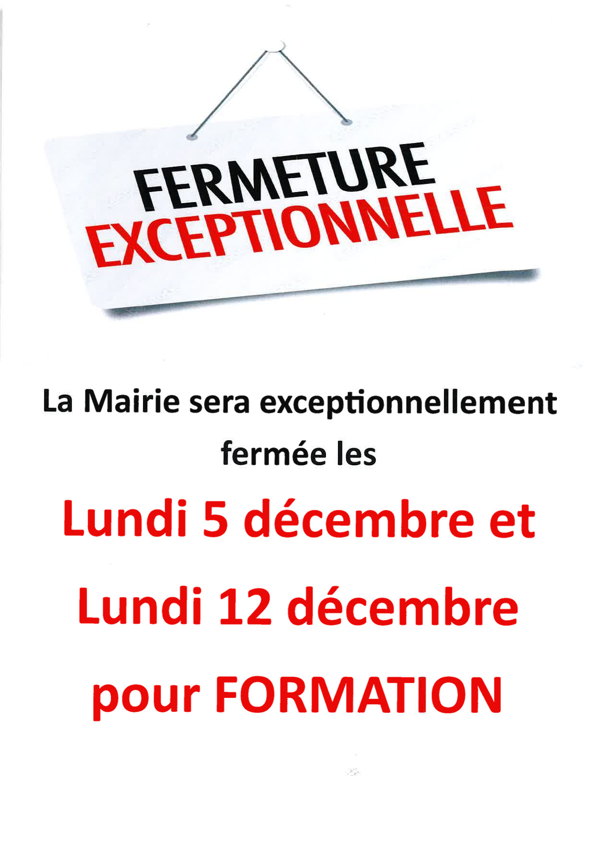 You are currently viewing FERMETURE EXCEPTIONNELLE DE LA MAIRIE